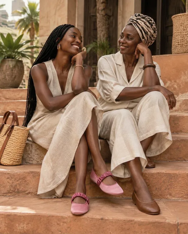 Mother and daughter seated on terracotta steps wearing brown Zanzi and pink Awisi shoes